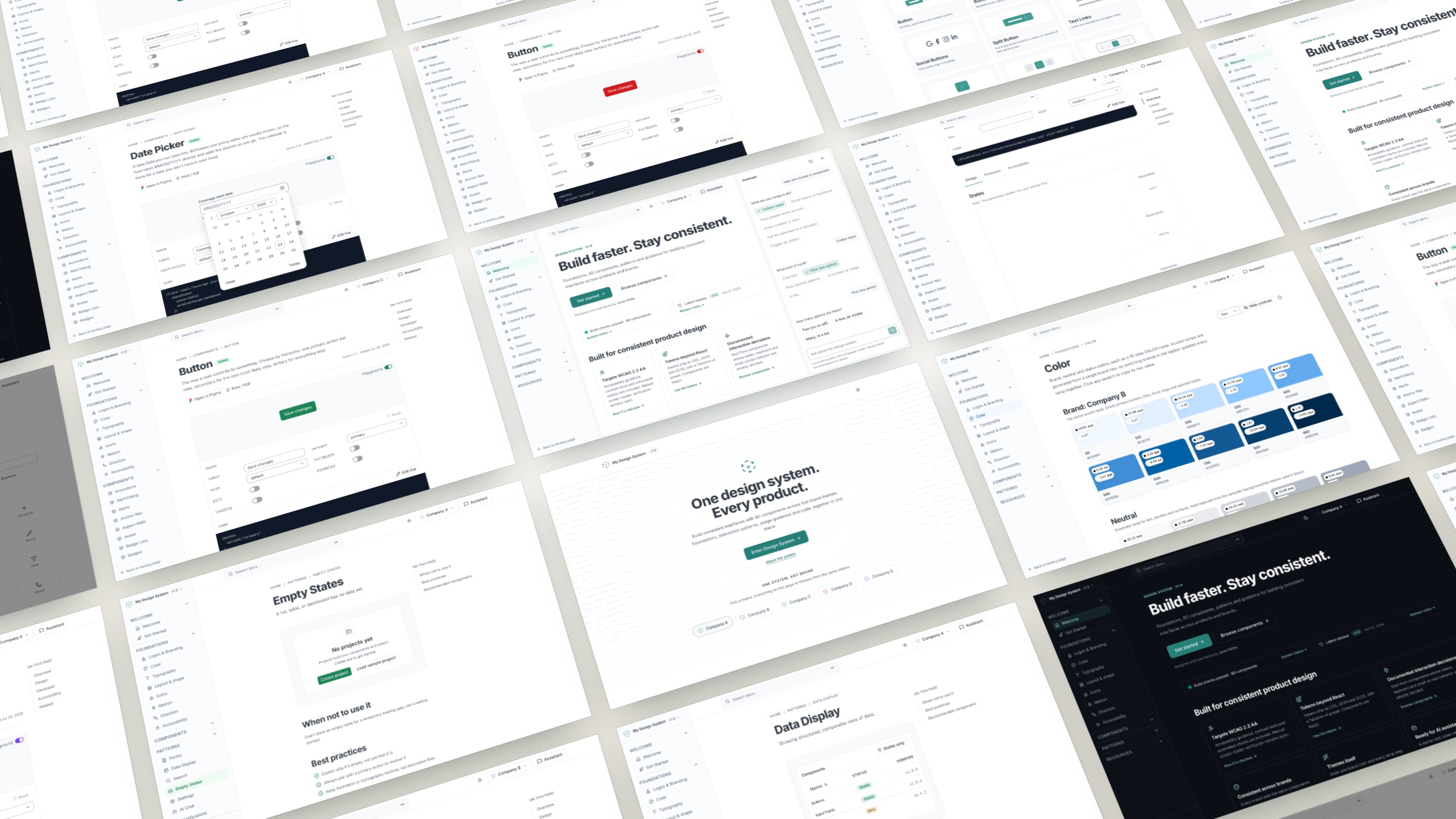 A few samples of a much larger system, including foundations, components, patterns and five company themes; generalized portfolio visual - cover