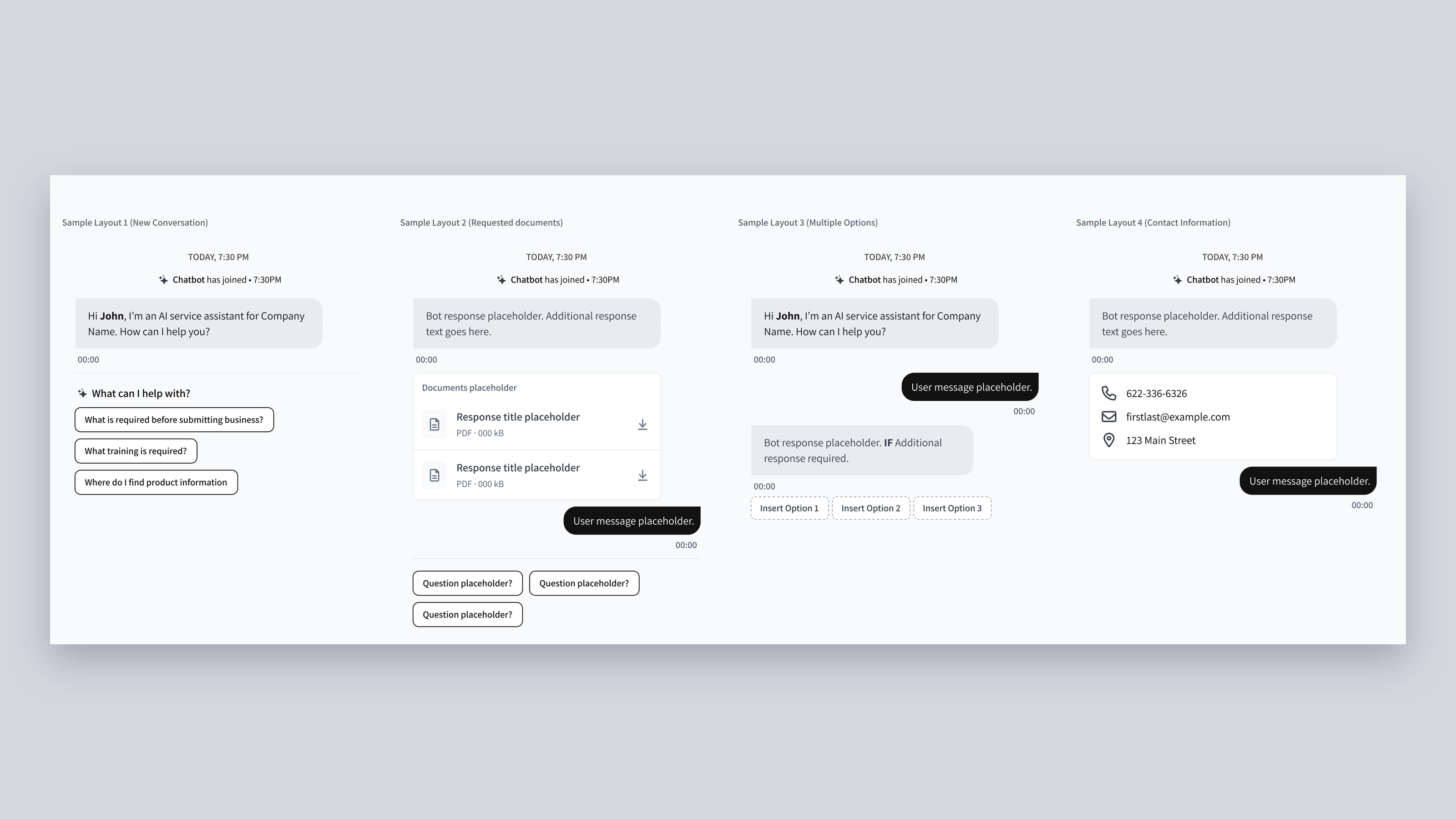 Four sample conversations: a new conversation, requested documents, multiple options and contact information - cover