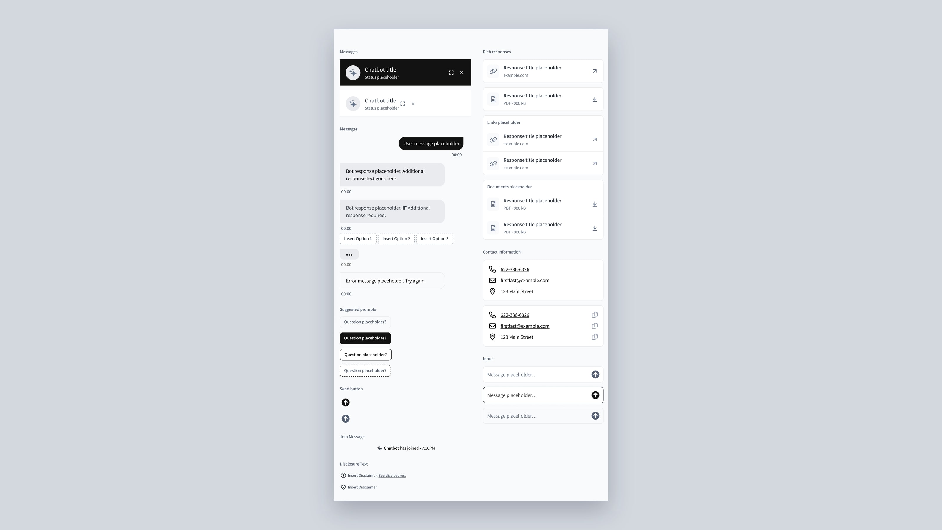Message types and rich responses: links, documents and contact information, suggested prompts, and the input states - cover