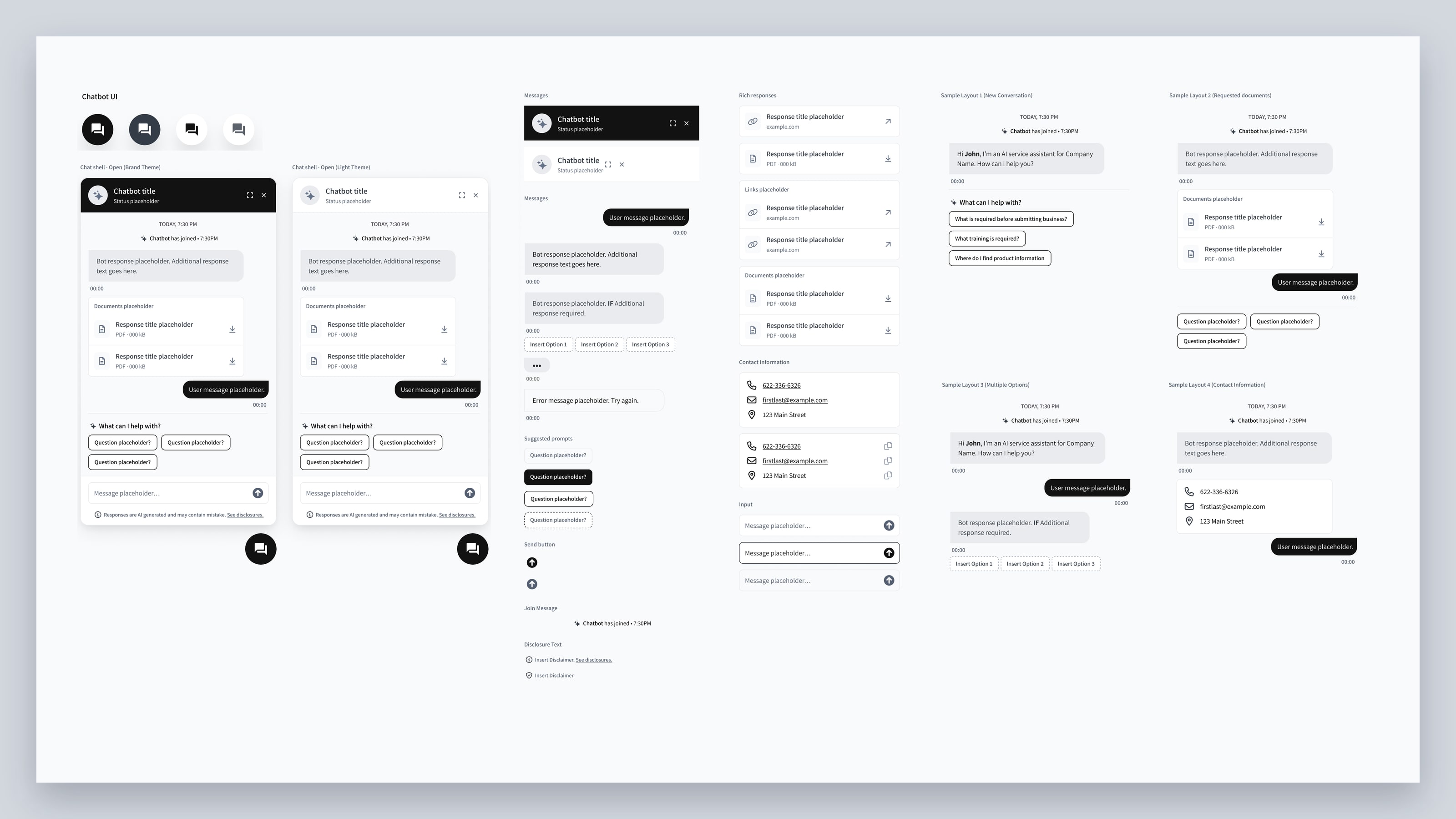 The whole chatbot system on one board: launchers, chat shells, message types, rich responses and four sample layouts. Click any image to see it full size. - cover