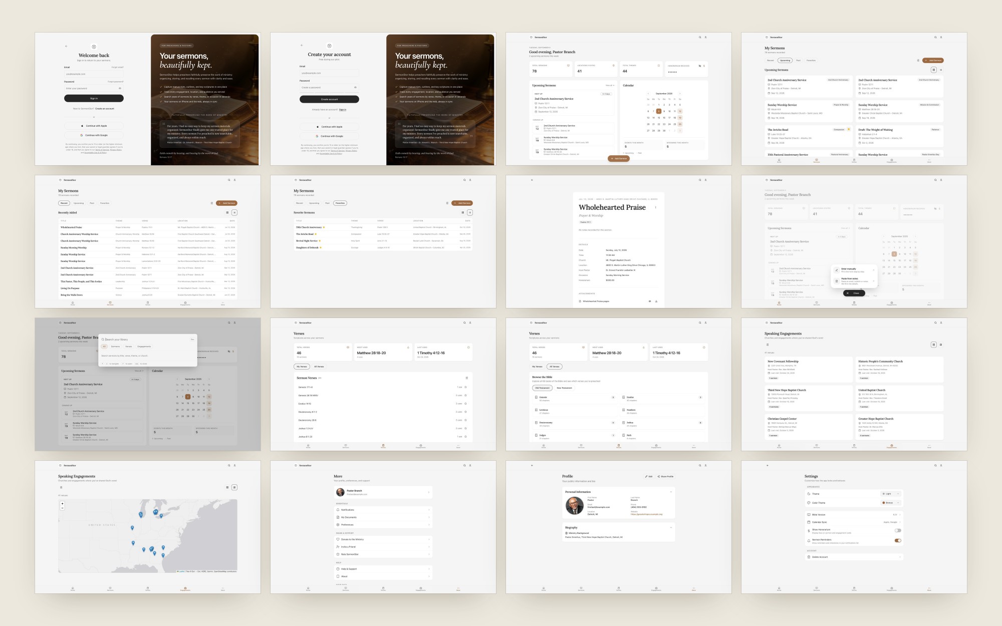 Every desktop screen of the web app, from sign-in and create account through the library, verses, engagements, search and settings - cover