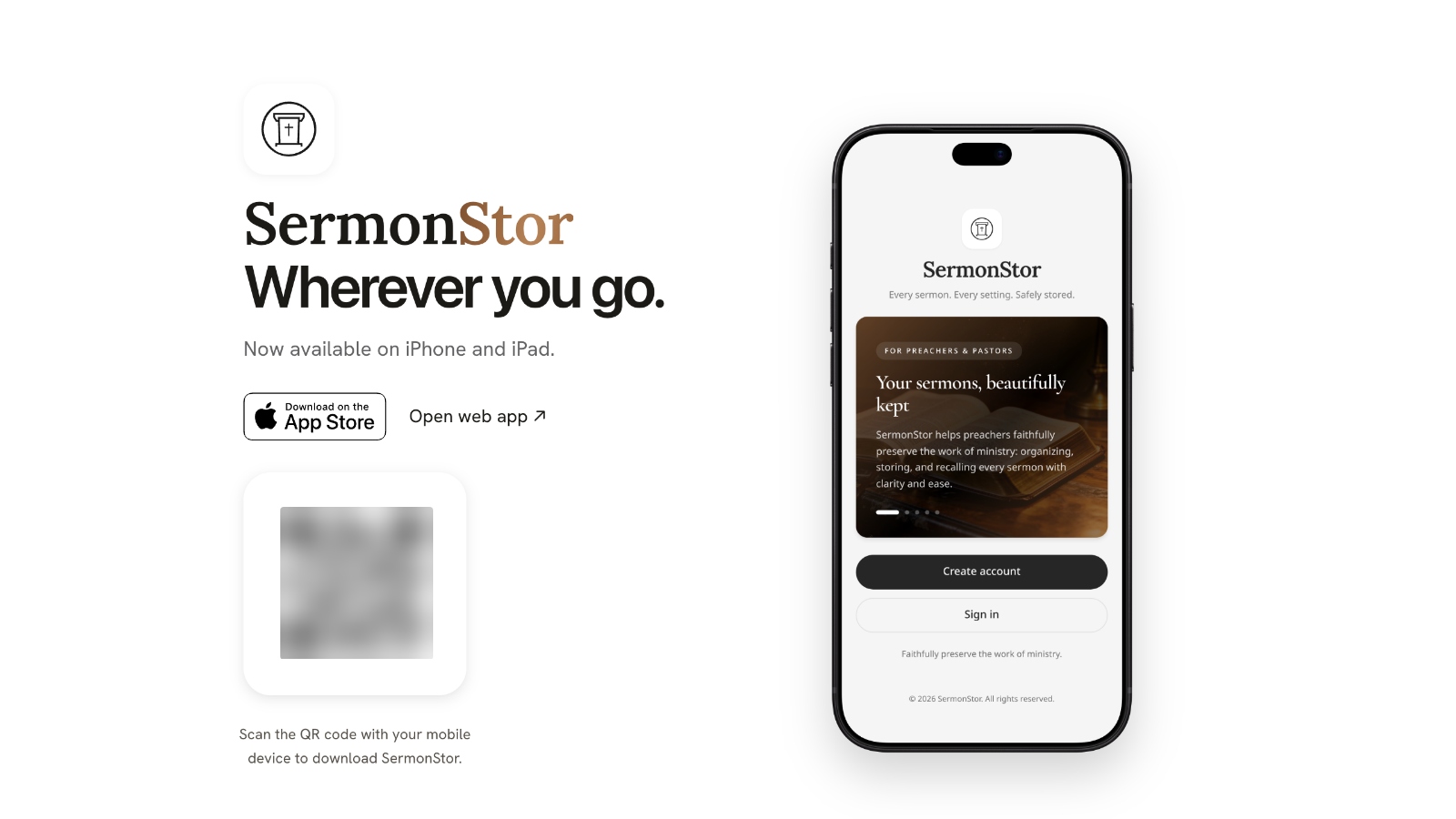 SermonStor on the App Store and web; QR code blurred for this portfolio image - cover
